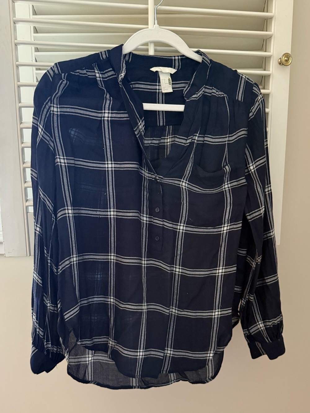 H&M Navy and White Plaid Half Button-Down Blouse